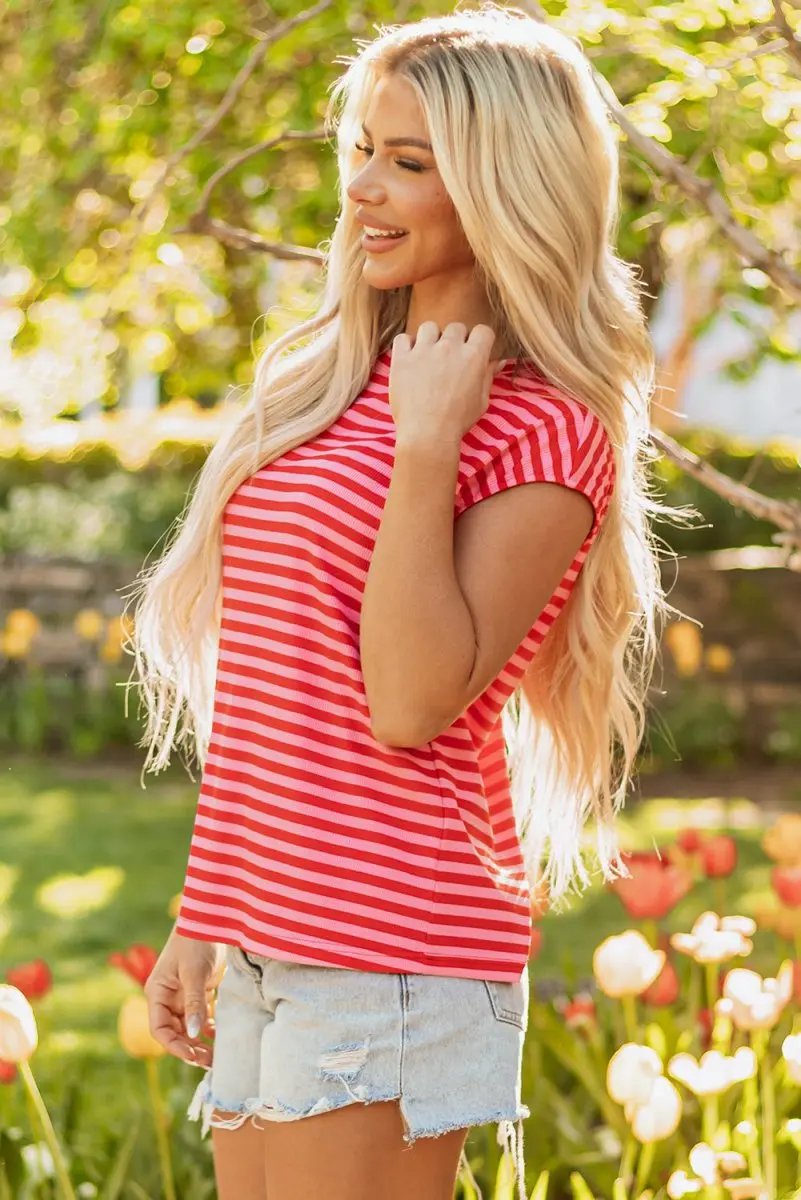 Red Stripe Ribbed Cap Sleeve Round Neck T Shirt for Women - Love Salve